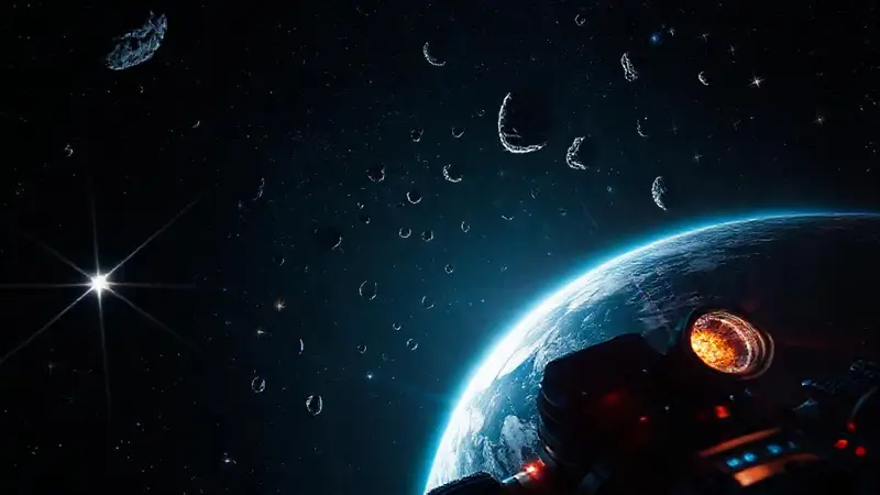 Escena espacial oscura con asteroides y urgencia
