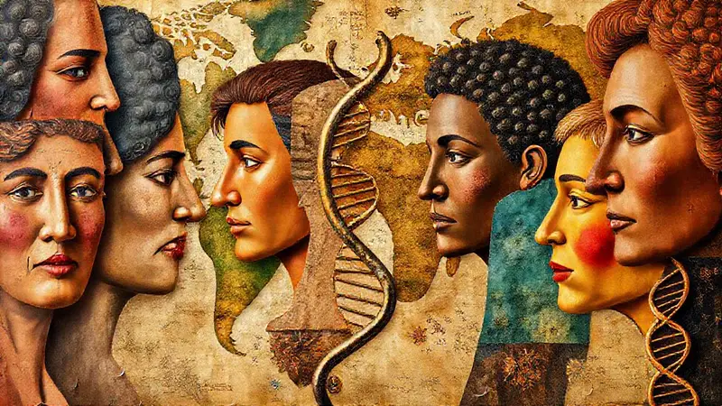Collage de rostros humanos y evolución