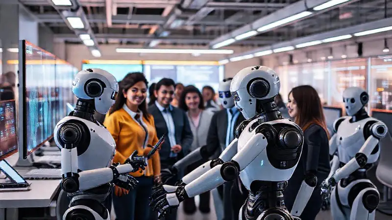 Colaboración entre humanos y robots en oficina futurista