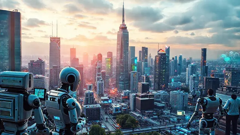 Ciudad futurista con robots y naturaleza integrada