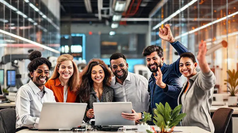 Equipo diverso colabora en oficina moderna
