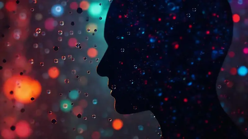 Silueta humana rodeada de nanopartículas vibrantes