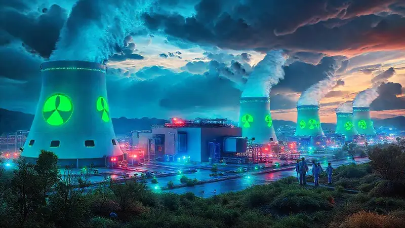 Planta nuclear futurista fusiona tecnología y naturaleza