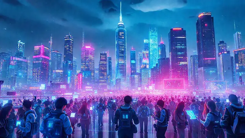 Ciudad futurista con tecnología y moda avanzada