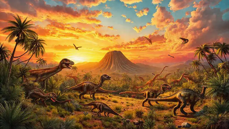 Dinosaurs en un paisaje prehistórico vibrante