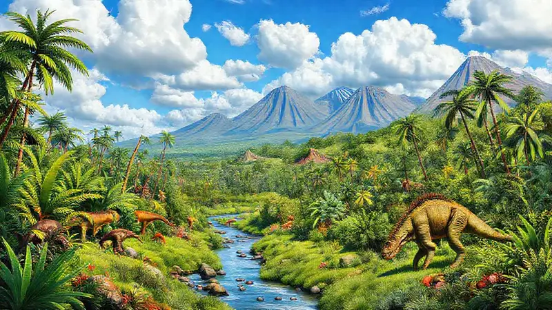 Paisaje prehistórico con dinosaurios y vegetación