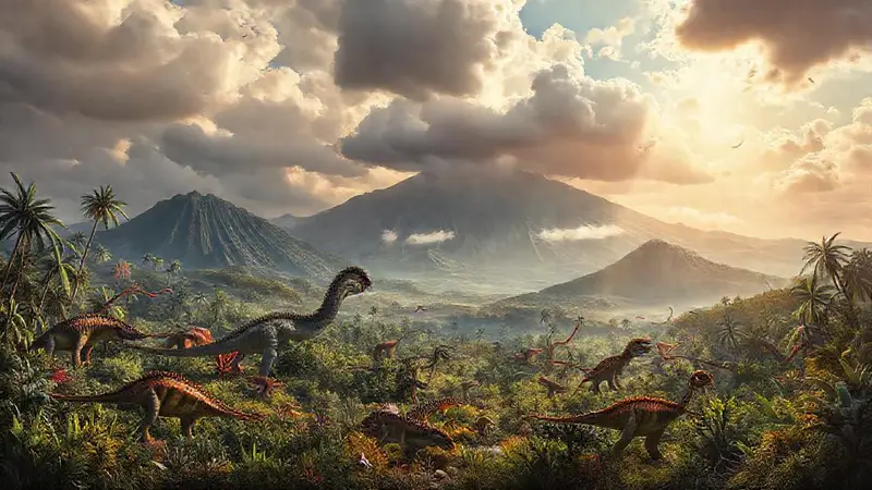 Un paisaje prehistórico lleno de dinosaurios