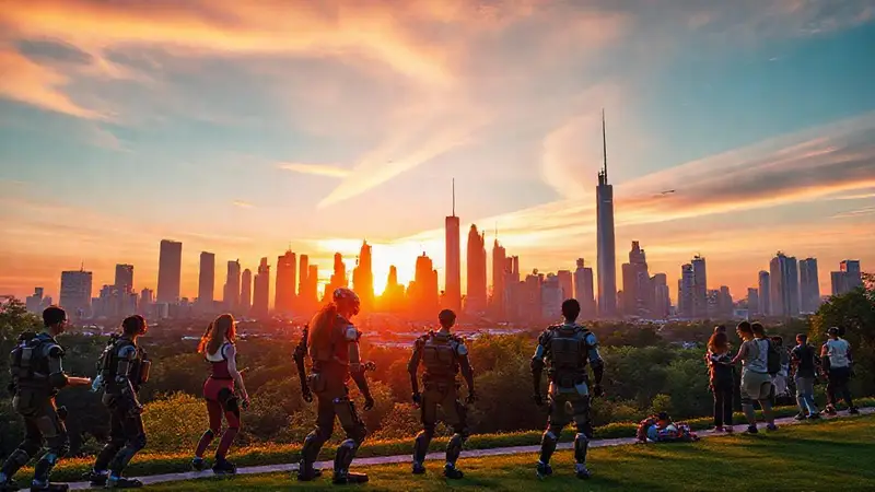 Ciudad futurista con humanos y tecnología integrada