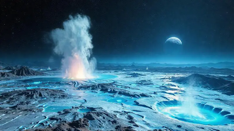 Paisaje alienígena de Tritón con géiseres