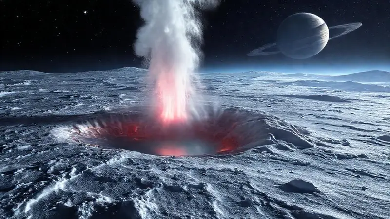 Géiseres de Encélado en un paisaje helado