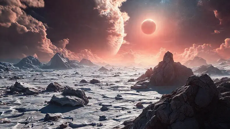 Vista majestuosa de Ganimedes y Jupiter