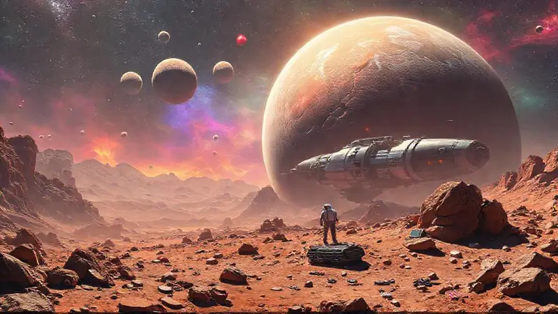 Astronauta explora un planeta lejano con lunas