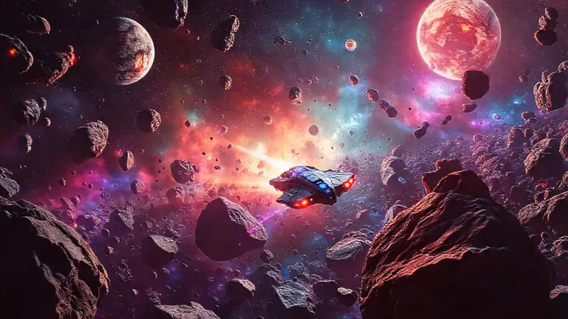 Nave espacial atraviesa un colorido campo de asteroides