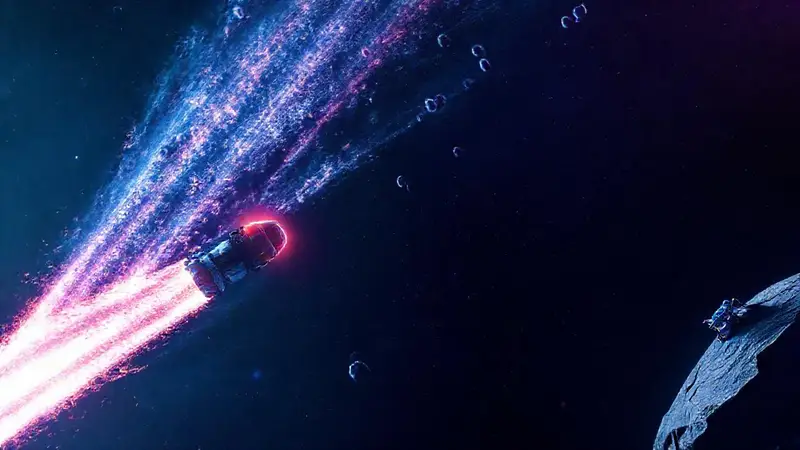 Cometa brillante con nave y superficie de exploración