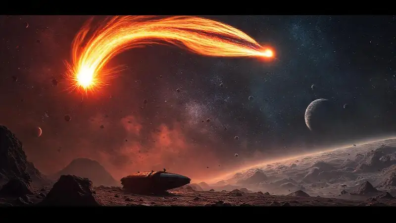 Cometa y naves antiguas en el espacio