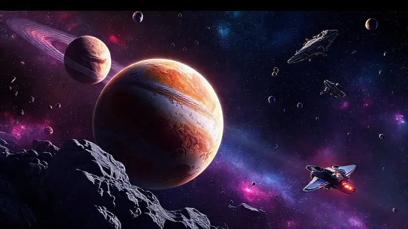 Planetas enanos y naves en espacio colorido