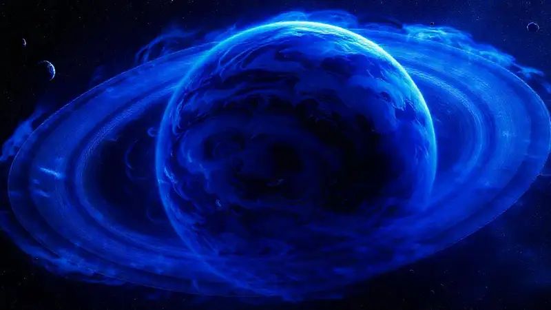 Gigante gaseoso azul con anillos y lunas