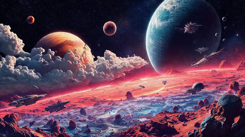Exploración interplanetaria con paisajes y vida alienígena