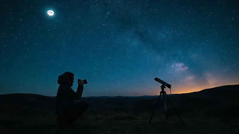 Fotógrafo principiante bajo un cielo estrellado