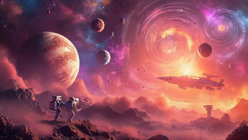 Escena espacial vibrante con exploración y descubrimiento