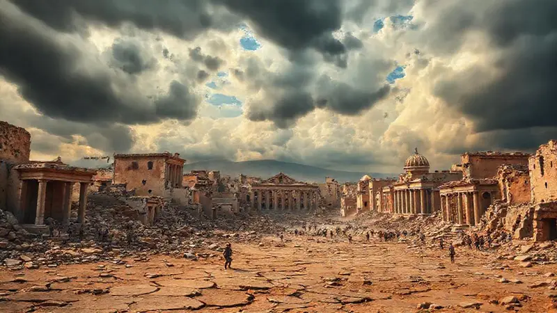 Ciudad antigua en ruinas y caos emocional