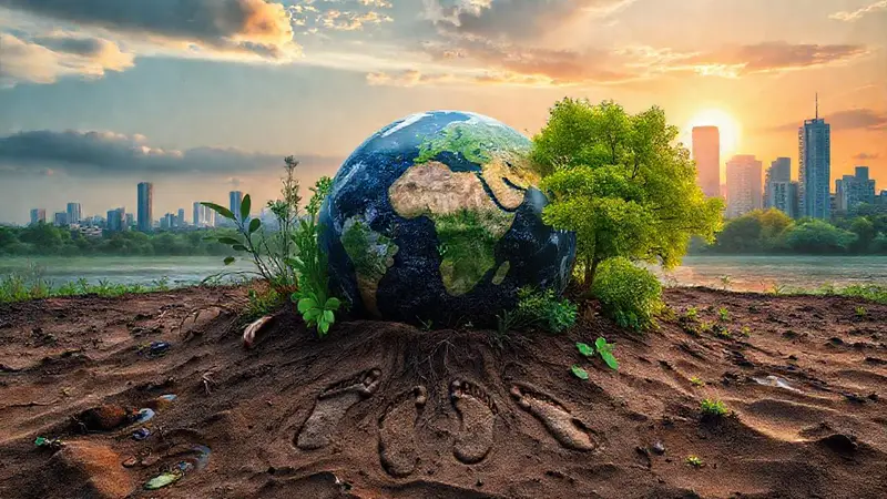 Globo en la naturaleza muestra el impacto ecológico