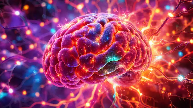 Cerebro vibrante con sinapsis y energía dinámica