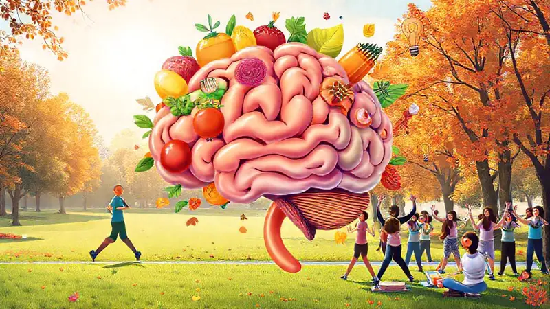 Cerebro vibrante con frutas y actividad saludable