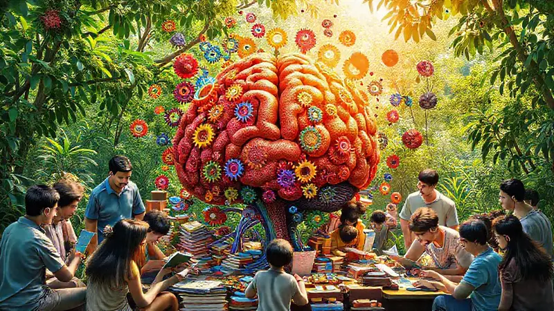 Cerebro vibrante rodeado de juegos y naturaleza