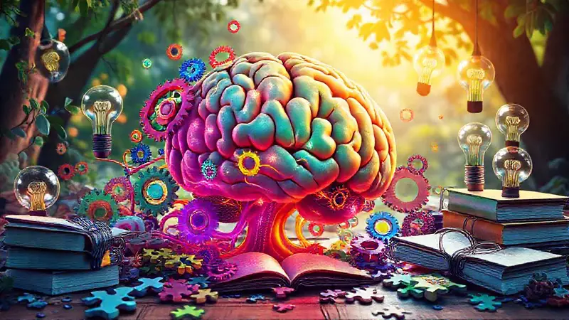 Cerebro rodeado de ideas y naturaleza