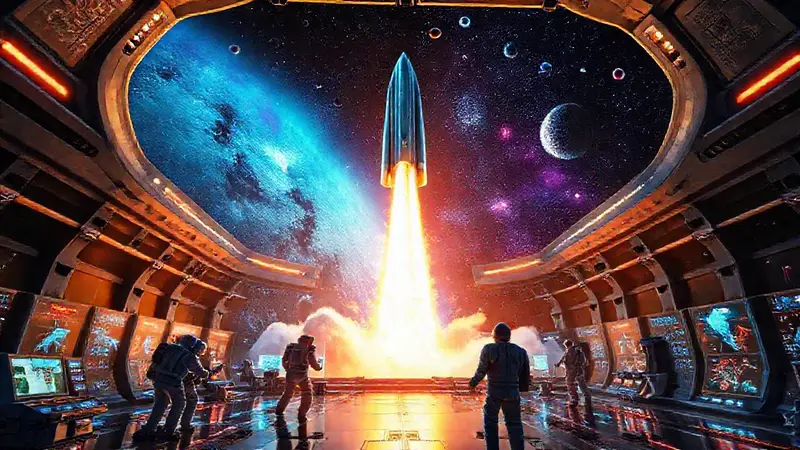 Nave futurista y astronautas en laboratorio avanzado