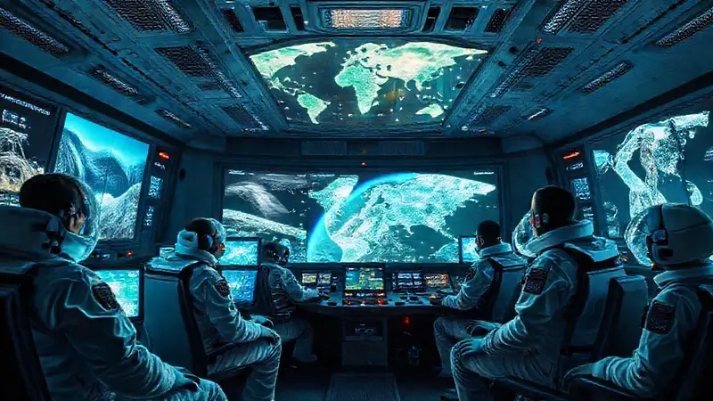 Astronautas en control futurista analizan paisajes alienígenas