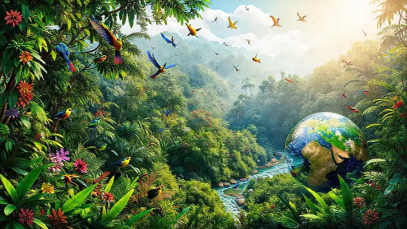 Selva vibrante llena de vida y color