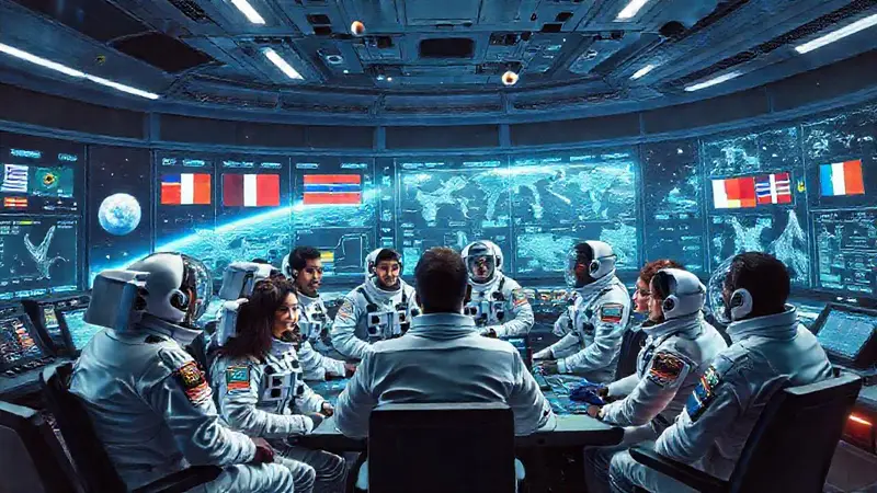 Astronautas diversos colaboran en sala de control
