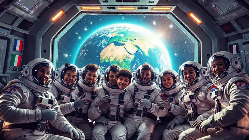Astronautas diversos trabajan juntos en una nave