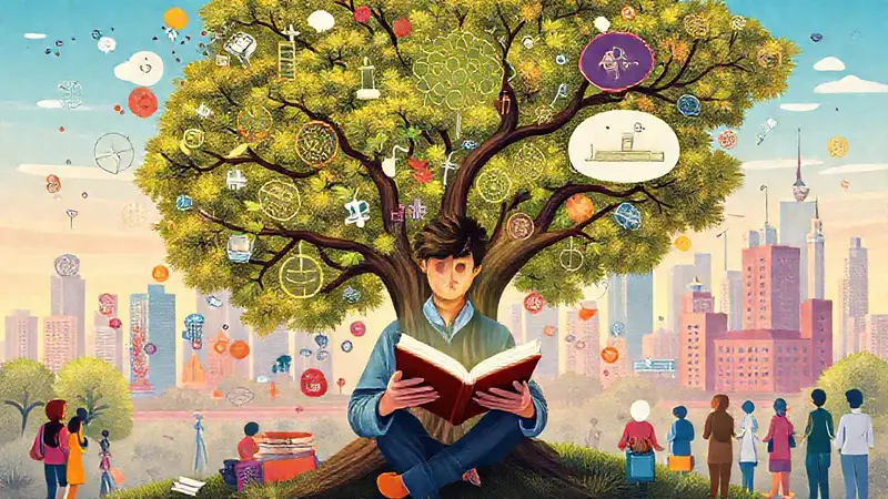 Persona leyendo bajo un árbol, rodeada de ideas