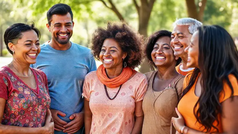 Grupo diverso sonriente en un parque esperanzador