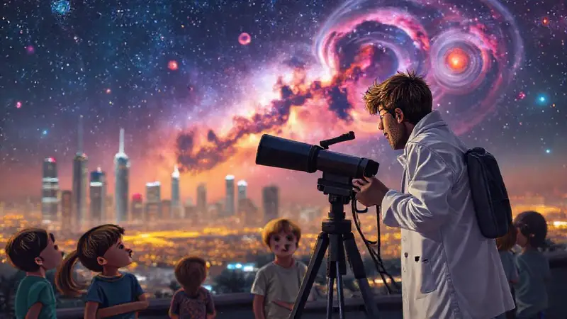Científico observa estrellas con niños curiosos