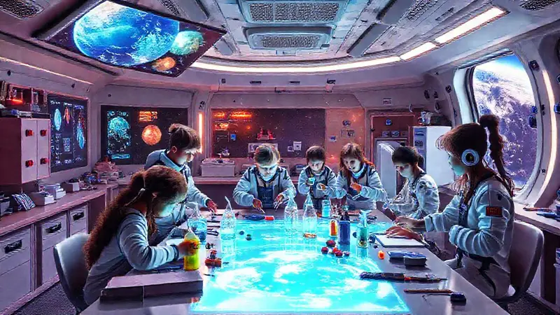Aula espacial futurista con astronautas jóvenes colaborando
