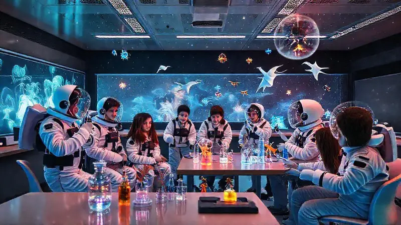 Aula futurista con estudiantes y experimentos holográficos