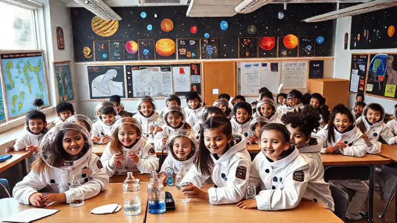 Aula diversa y entusiasta con estudiantes astronautas