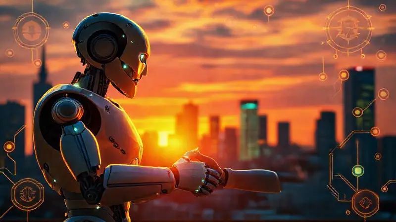 Robot y humano se saludan en ciudad futurista