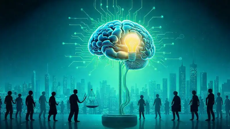 Cerebro humano y tecnología en colaboración futurista