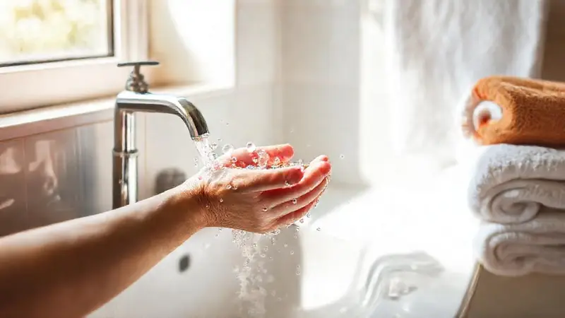 Persona lavándose las manos en baño luminoso