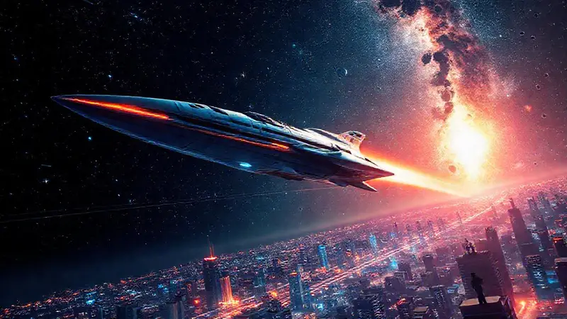 Nave espacial avanza sobre ciudad futurista
