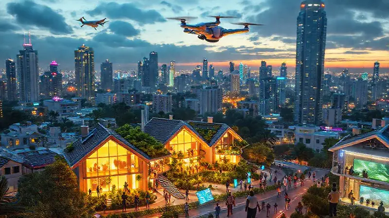 Ciudad futurista con tecnología y naturaleza integrada