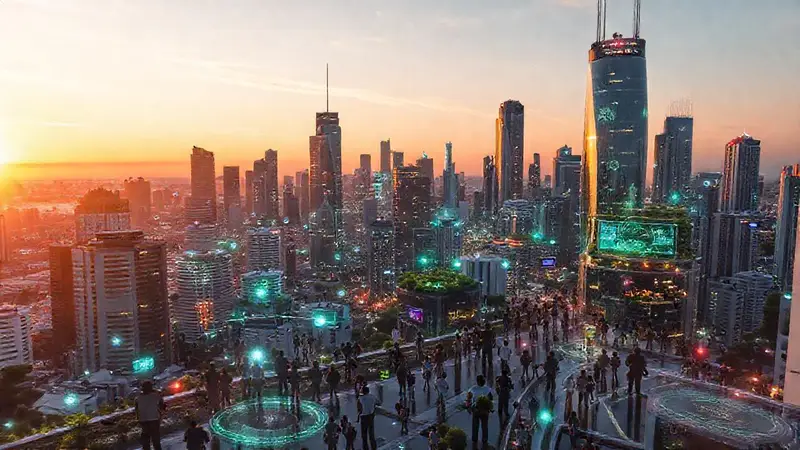 Ciudad futurista con tecnología y naturaleza integrada
