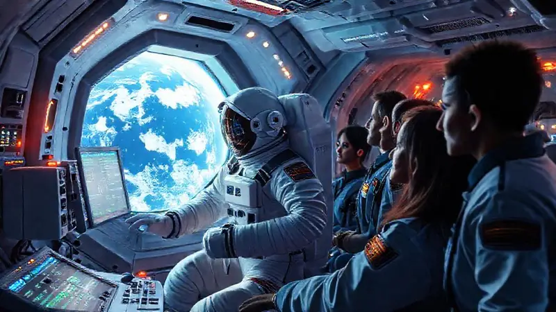 Astronautas colaboran en un hábitat espacial futurista