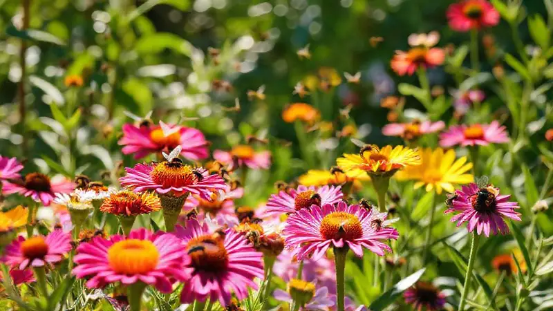 Jardín vibrante con flores y polinizadores activos