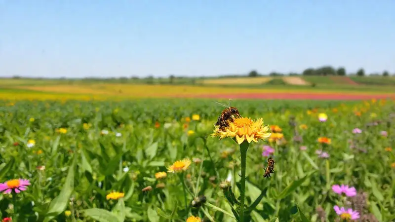 Abejas polinizan flores en un paisaje agrícola